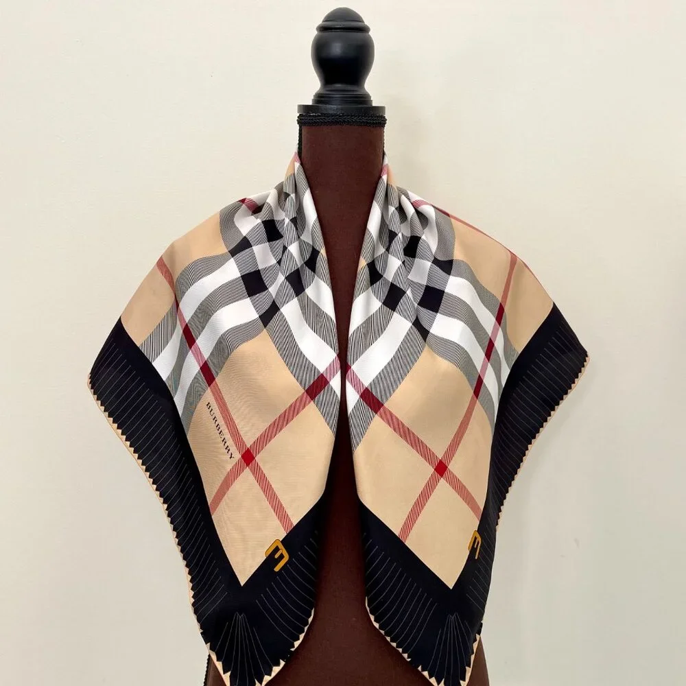New Burberry Scarf House Check Beige Black Border Silk Scarf Wrap - Picture 11 of 14